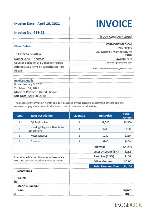 Modèle de facture pour école d'infirmières